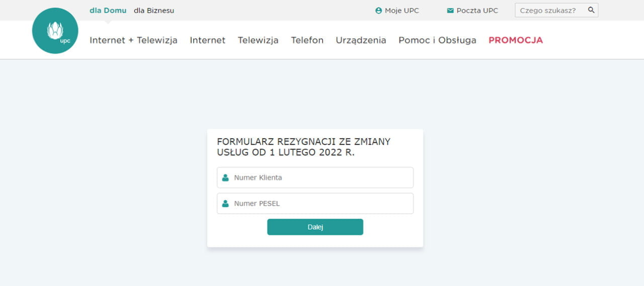 UPC Polska internet formularz